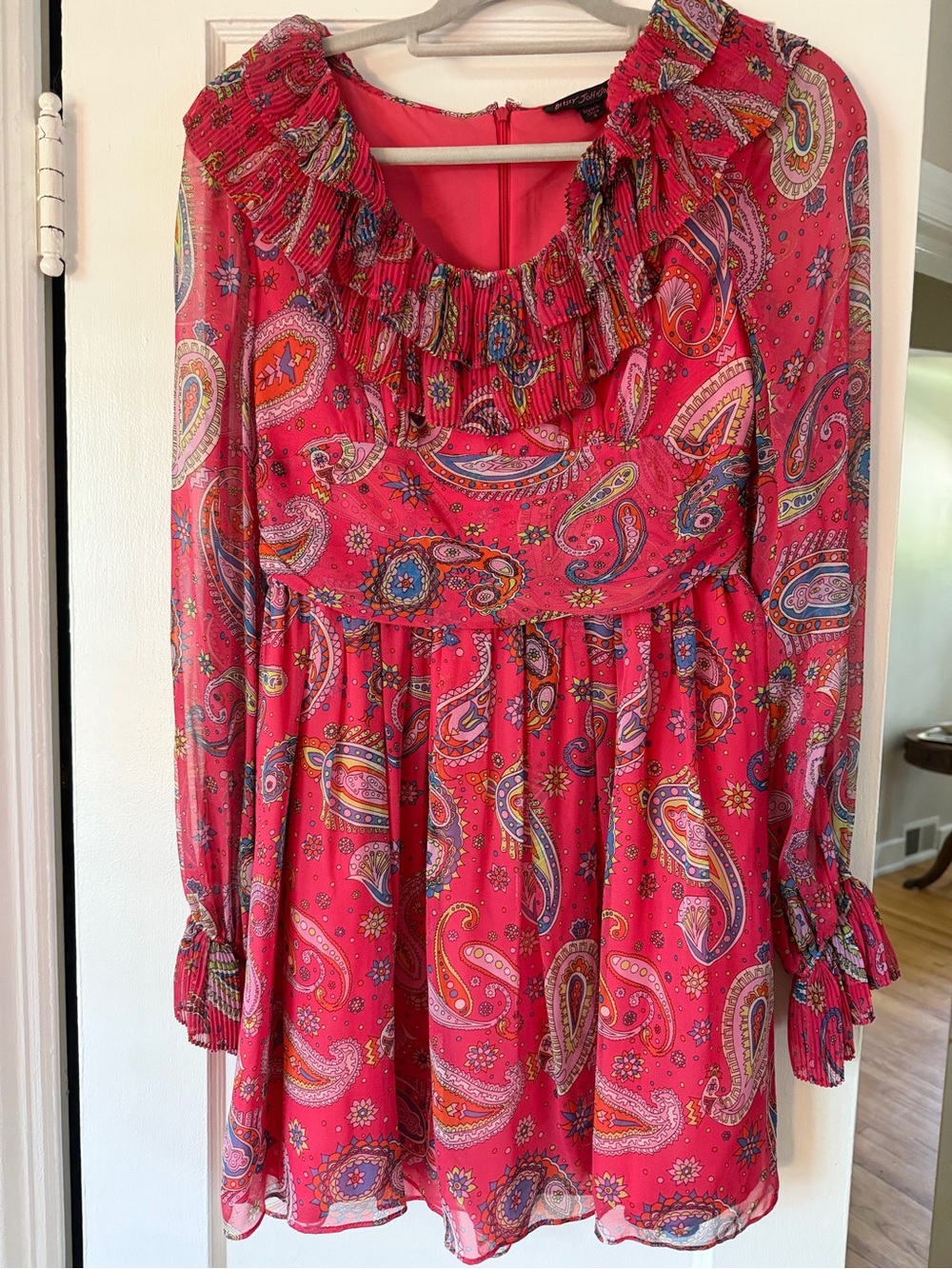 Betsey Johnson fuchsia paisley ruffle-neck mini dress